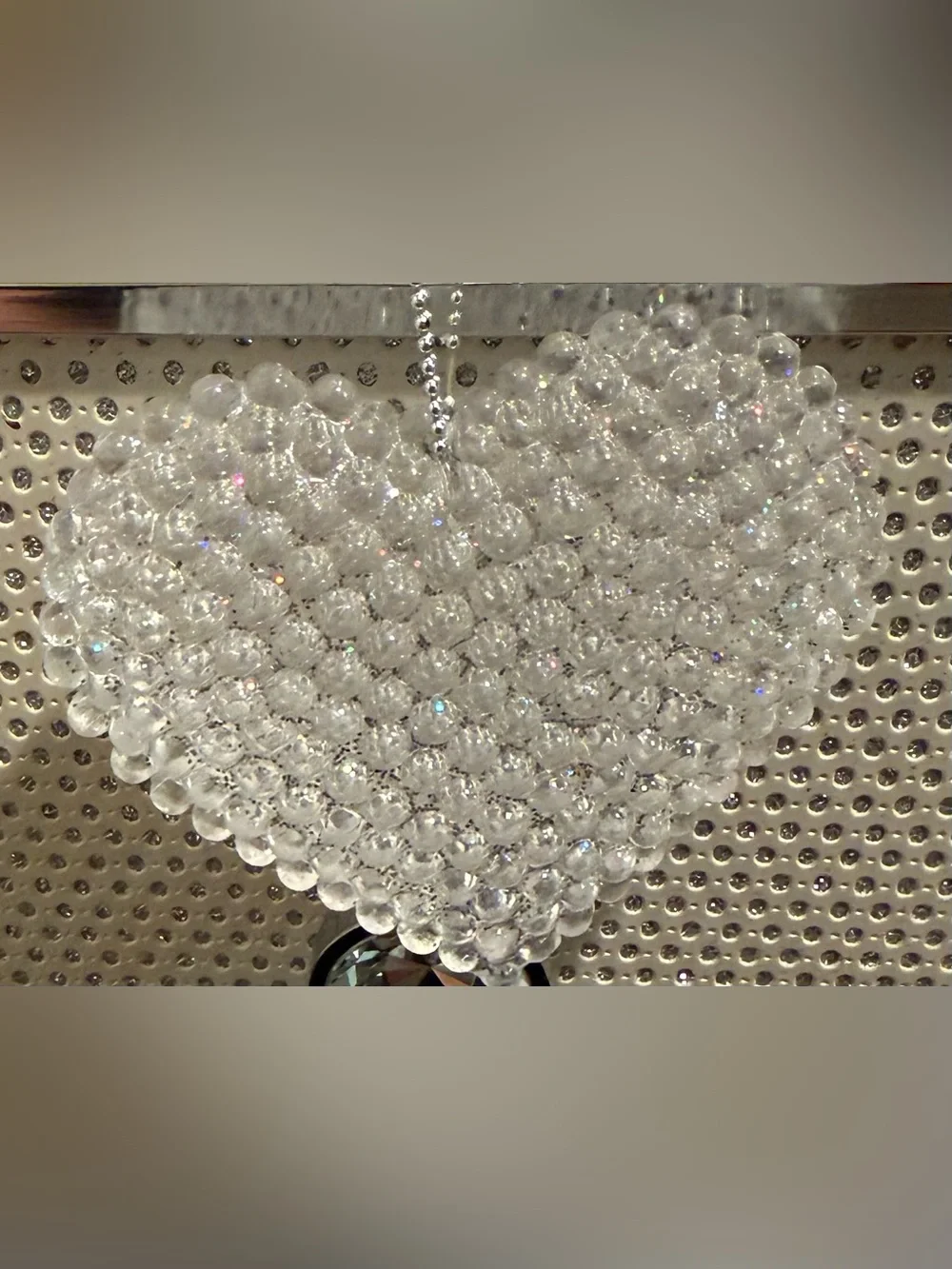 Vtg Clear Hard Plastic Heart Ornament - White Sparkle